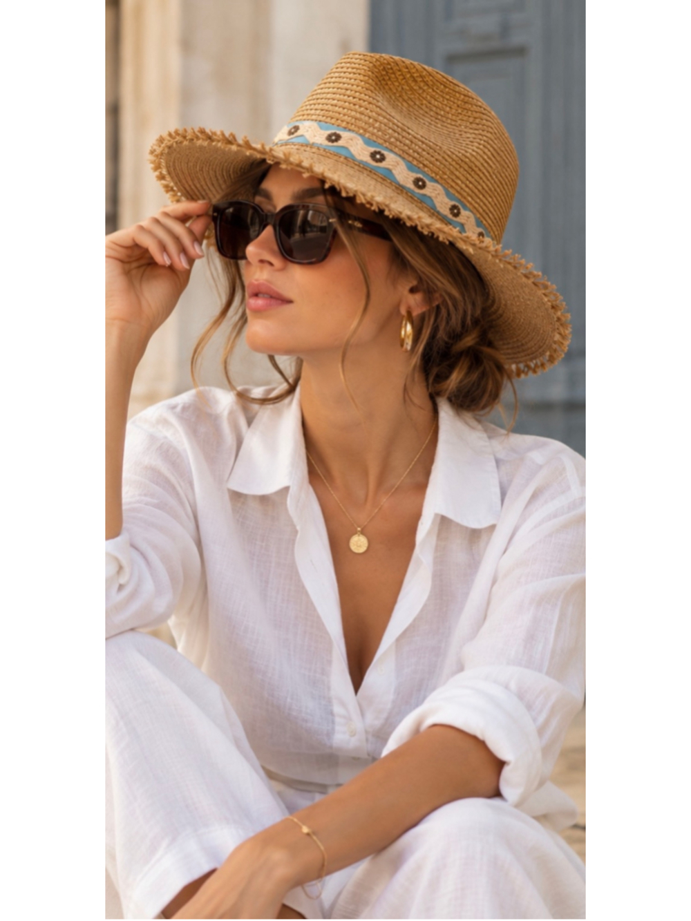 Eric Javits Straw Fedora Hat One Size Beige Blue UPF 50 Excellent Condition